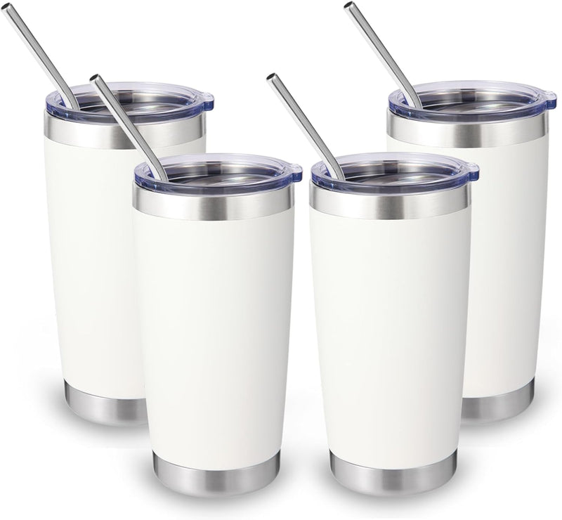 Volhoply 20oz Stainless Steel Tumbler with Lid and Straw,Double Wall Insulated Travel Iced Coffee Mug Fits Car Cup holder,Powder Coated Cups for Hot and Cold Drinks,Gifts for Women Men（White,1 Set）