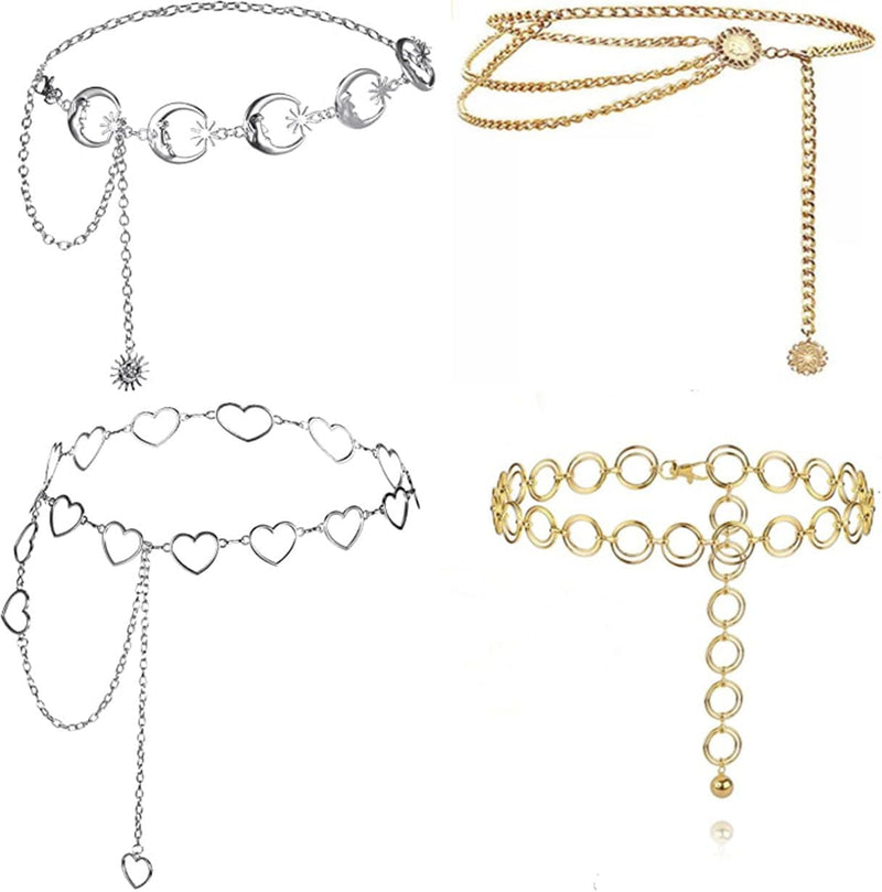 4pcs Metal Waist Chain Belts for Women - Adjustable Fashion Multilayer Chain Belts for Pants Dresses
