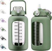 64oz Glass Water Bottles with Straw, Half Gallon Motivational Glass Bottle with Silicone Sleeve and Time Marker, 2L Leakproof Large Glass Water Jug for Gym Home Office,Black - 84 Ounces Olive
