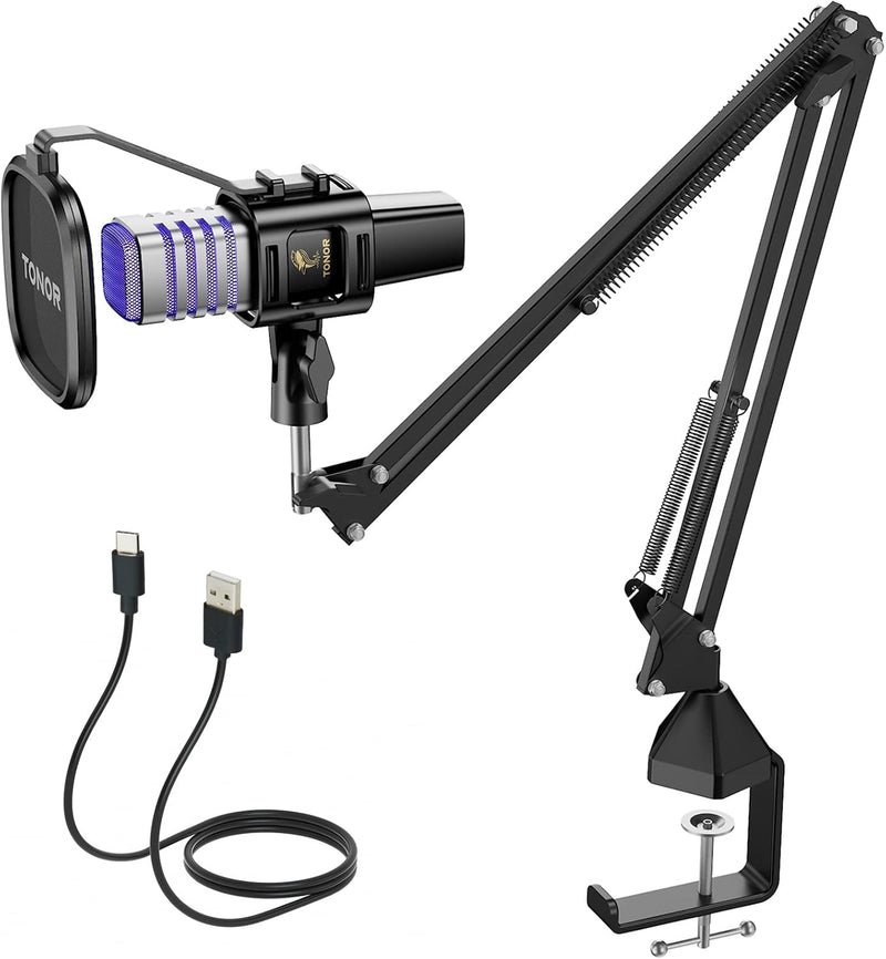 TONOR USB Condenser Microphone, Cardioid Pattern Computer Microphone for Conference, Streaming, Podcast, Gaming, Twitch, for Laptop, Desktop PC, 200 cm Cable with Adjustable RGB, 200 cm Cable TC30S - Arm Stand&RGB