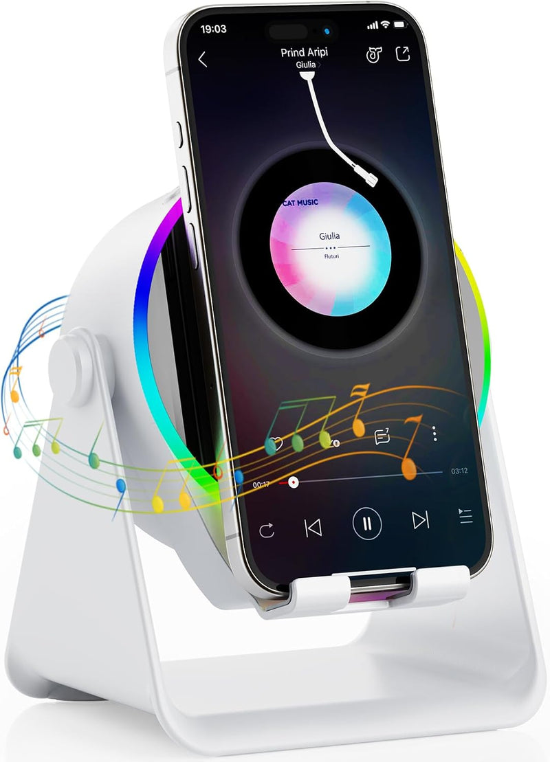 TARKARI Wireless Induction Speaker, Valentines Gifts for Him, 5 in 1 Bluetooth Speaker, 360 Rotation Cell Phone Stand with Ambient Light Compatible with iPhone iPad Android, Birthday Gifts for Men - Round-White