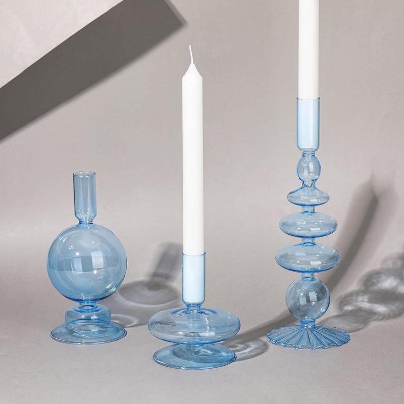 Rtteri 3 Pcs Glass Candlestick Holders Glass Taper Candle Holders Groovy Candlestick Wavy Glass Candlestick Holders Elegant Glass Candlestick Glass Vases for Home Party Centerpiece (Green)