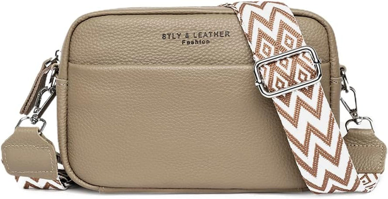 Crossbody Bag for Women Genuine Leather Wide Strap Shoulder Bag Purse Trendy Design Camera Crossbody Purse Top Zip - brown