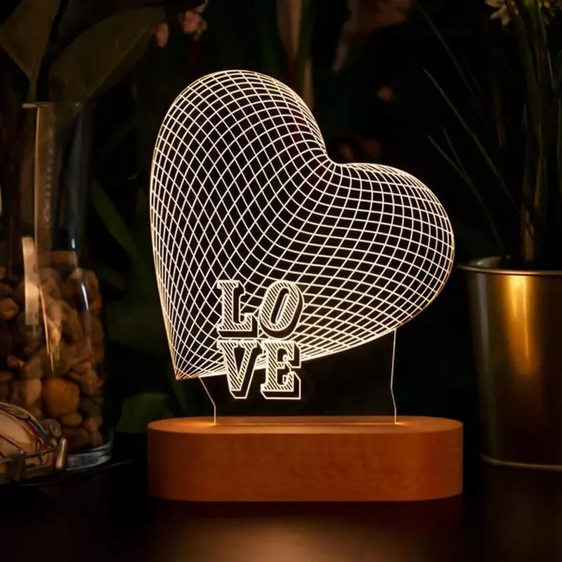 AMERTEER 3D Night Light - Romantic Heart Shape Illusion Lamp, USB Powered Acrylic LED Visual Love Gift with Wooden Base, Perfect for Valentine's Day, Wedding Anniversary & Bedroom DÃ©cor