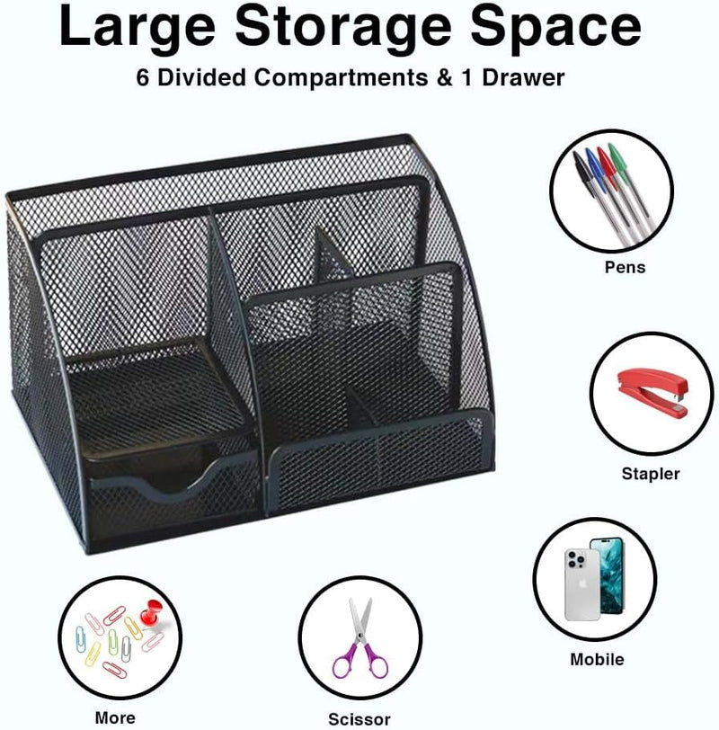FATI Accessories FATI Desk Organizer Mesh Pen Holder with 6 Compartments and 1 Drawer Stationery Organizers for Home Office School Classroom Multifunctional