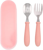 Kids Cutlery Set with Case, Stainless Steel Spoon & Fork for Children, Round Edge BPA Free Tableware for School Lunch Box, Picnic, Travel (Pack of 1, Blue) - Pink 1