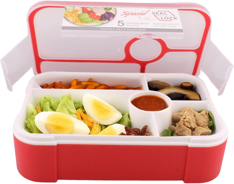Bento Lunch Box -Leakproof, BPA-Free, Airtight Tiffin with Spoon & Fork- 5 Compartments, 1100ml, Microwave Safe Bento Box For Kids & Adults - Ideal for School & Office (Red)