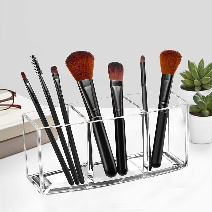 Sunnyrobby Acrylic Makeup Brush Organizer Clear Cosmetic Storage with 3 Slots Eye Liner Display Holder Clear Makeup Brush Holder