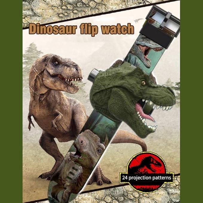 24 Dinosaur Projection Patterns Digital Watch for Kids - Cartoons, Toys for Boys Girls Children With Lid, Adjustable Date & Time Projector