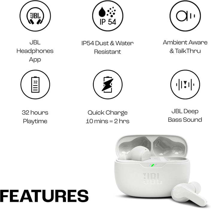 JBL Wave Beam 2 Adaptive Noise Cancelling with Smart Ambient True Wireless Earbuds, Deep Bass, Comfort Fit, 40H Battery, Hands-Free + VoiceAware, Water and Dust Resistant - Black, JBLWBEAM2BLK