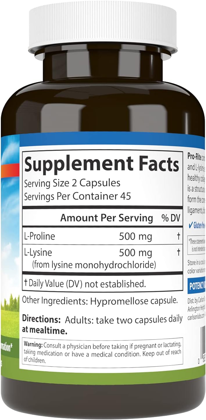 Carlson - Pro-Rite, Free-Form L-Proline & L-Lysine, Health, Joint Support & Collagen Formation, 90 Capsules