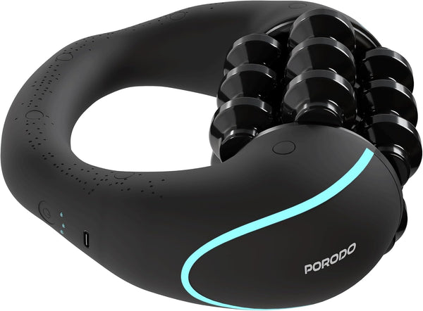 Porodo Relieva Electric Roller Massager, 3-Speed Cordless Muscle Massage Roller with 6 Free-Spinning Intensive Rollers, Handheld Ergonomic Deep Tissue Therapy Device for Leg, Arm, Neck Relief - Black