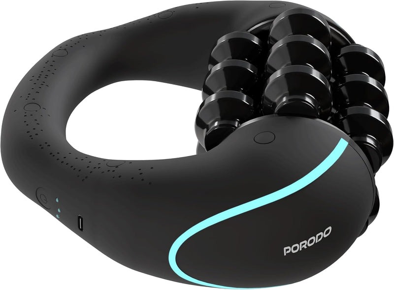 Porodo Relieva Electric Roller Massager, 3-Speed Cordless Muscle Massage Roller with 6 Free-Spinning Intensive Rollers, Handheld Ergonomic Deep Tissue Therapy Device for Leg, Arm, Neck Relief - Black