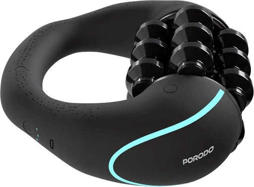 Porodo Relieva Electric Roller Massager, 3-Speed Cordless Muscle Massage Roller with 6 Free-Spinning Intensive Rollers, Handheld Ergonomic Deep Tissue Therapy Device for Leg, Arm, Neck Relief - Black