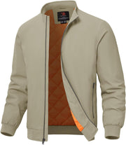 Men's Quilted Bomber Jacket, Casual Padded Winter and Fall Jacket, Full-Zip Windproof Work Coat - Khaki
