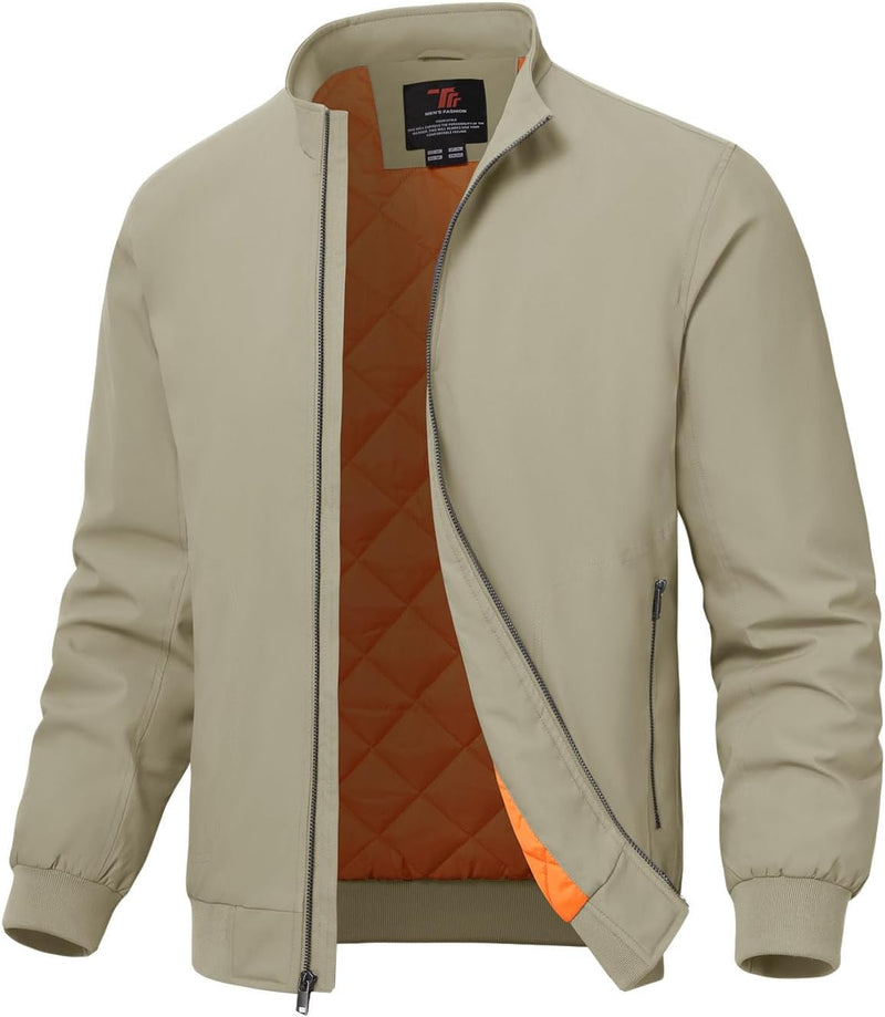 Men's Quilted Bomber Jacket, Casual Padded Winter and Fall Jacket, Full-Zip Windproof Work Coat - Khaki