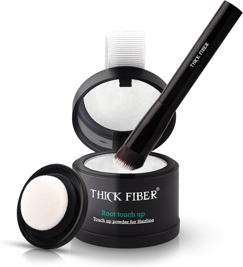 THICK FIBER Root Touch Up & Hairline Powder for Grey Root Coverage & Thin Hair Water & Sweat Resistant with Precise Brush Hair Loss Concealer for Roots, Bald Spots & Fill-In (Black) - White 4g (Pack of 1)