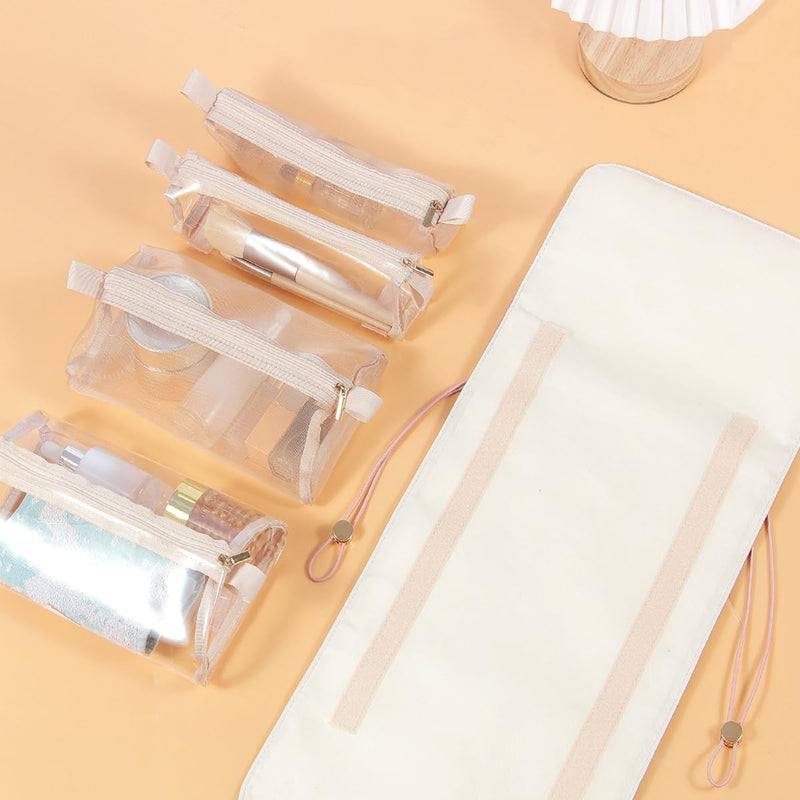 4 in 1 Travel Cosmetic Bag Roll-Up Toiletry Foldable Make Up Storage Bag for Skin Care Products, with 4 Detachable Zipper Pouches