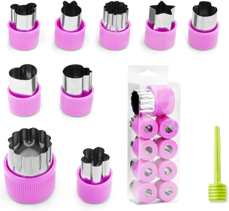 NASHRIO 9Pcs Different Shapes and Sizes Stainless Steel with Plastic Cover Mini Fruit Cookie Stamps Mold, Vegetable and Cookie Cutters Shapes Set for Kids Baking. (Green) - Purple