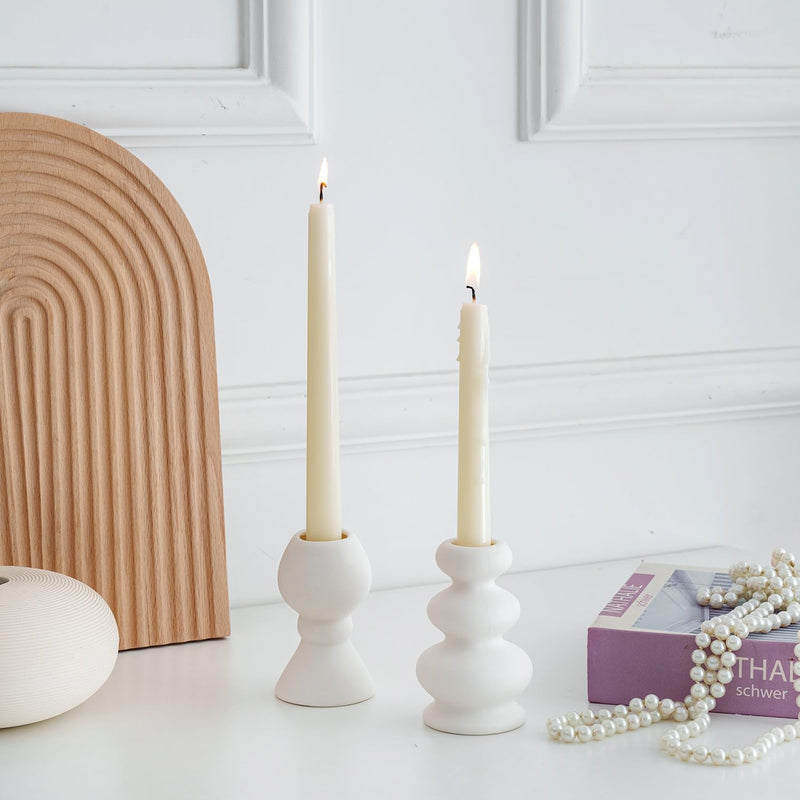 Gratify Taper Ceramic Candle Holders, Set of 2 Matte Boho Decorative Candlestick Holders,Table Decor Centerpiece for Wedding home Dinning Party (white)