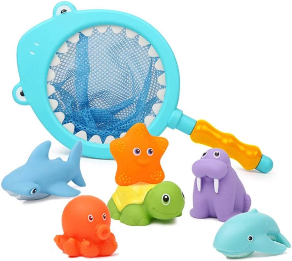 Mumoobear 7Pcs Baby Bath Toys, Scoop Net Fish Pool Toys With Spray, Sounds, Color Changing Toddler Bathtub Toys – image 1