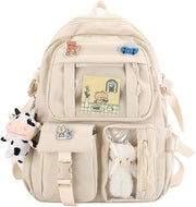 School bag, school bag leisure backpack middle school student laptop backpack, waterproof backpack, suitable as school bag, accessories plush pendant - Beige