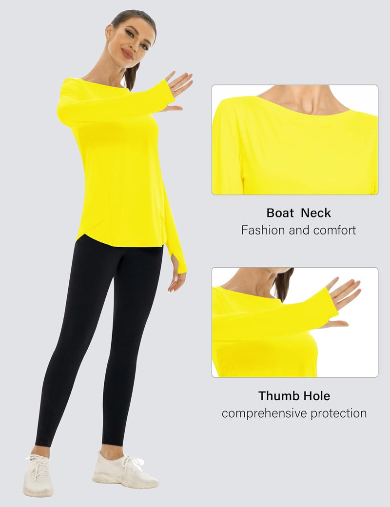 Rapbin Women's UPF 50+ Sun Protection T-Shirts Long Sleeve Boat Neck Workout Lightweight Quick Dry Top with Thumb Hole