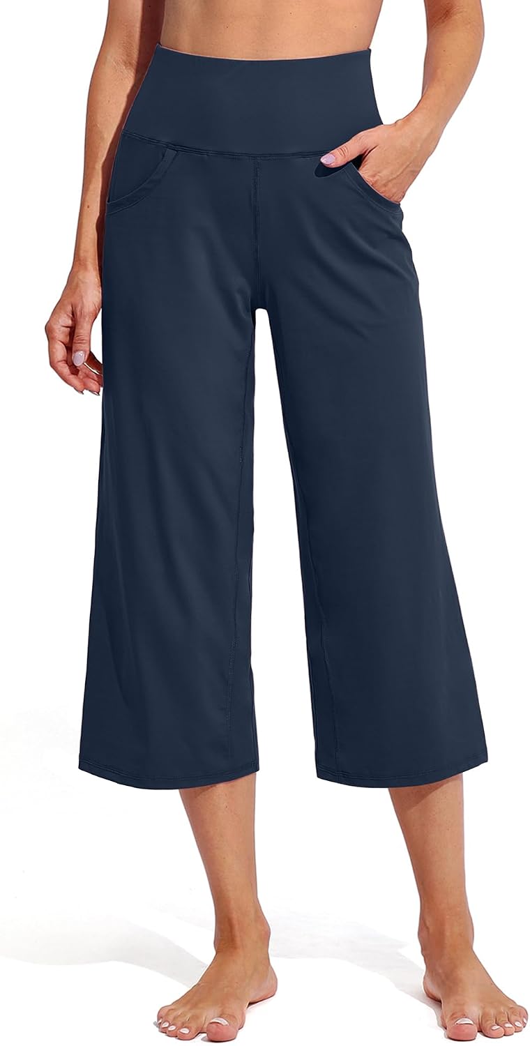 Women Yoga Pants Activewear Leggings Trousers with Pockets Stretch Loose Casual Wide Lounge Sweatpants Petite/Regular/Tall - Dark Navy-capris