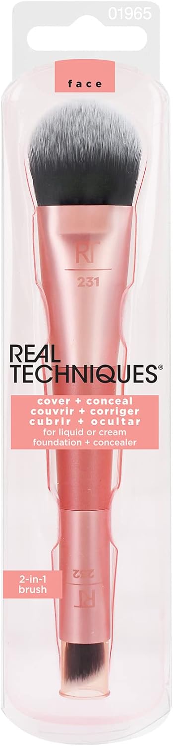 REAL TECHNIQUES Seamless Complexion Makeup Brush, Four Foundation, Primer, And Moisturizer, Makeup & Skincare Face Brush, Streakfree And Natural Finish, Orange, 1 Count