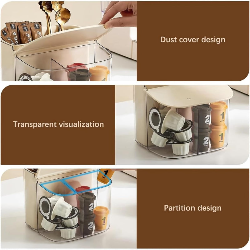 KASTWAVE Wall Mounted Coffee Capsult Holders, Plastic Coffee Pod Holder Clear Coffee Capsule Storage Organizer with Lid Coffee Bar Accessories Basket for Tea Bags Creamer Sugar Bags