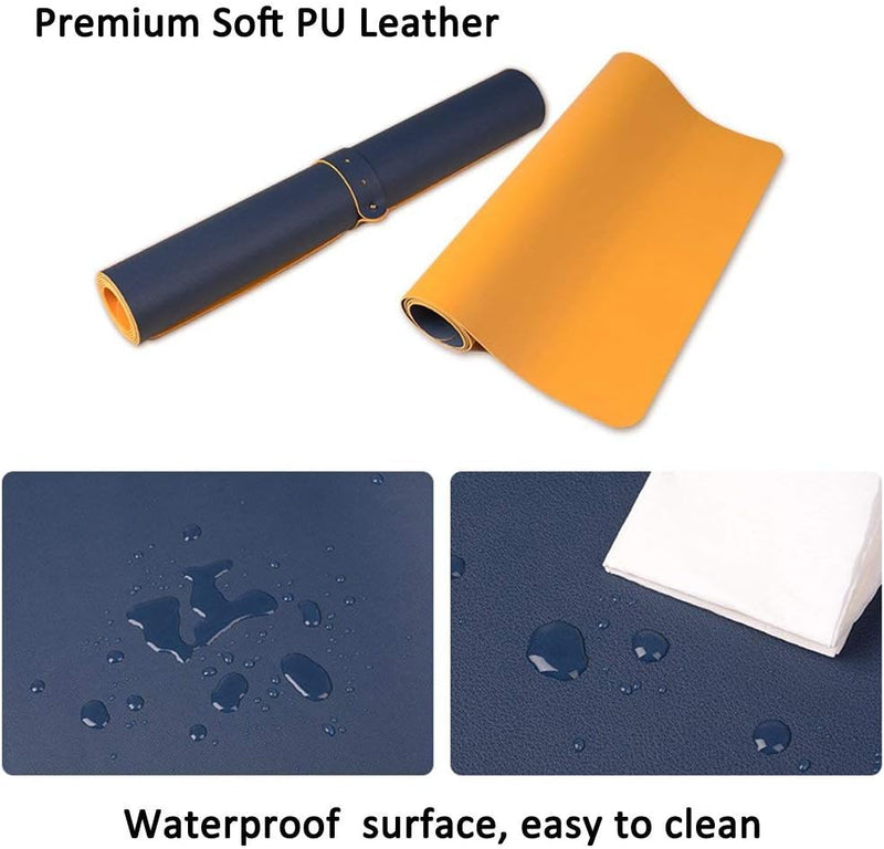 Large Desk Pad, Non-Slip Pu Leather Desk Mouse Pad Waterproof Desk Pad Protector, Dual-Side Use Desk Writing Mat For Office Home, 80Cm X 40Cm, Navy Blue&Yellow