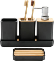 FEILANDUO Bathroom Accessories Set,5 Pcs Bathroom Accessory Gift Set, Soap Dispenser, Soap Dish, Toothbrush Holder, Toothbrush Cup, Vanity Tray, Boho, Modern Bathroom Decor (Black) - Black