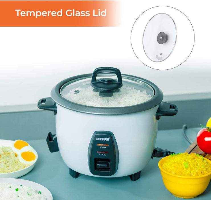 Geepas Electric rice cooker GRC4325N| 1.0L Capacity| 3 in 1| Cook, Steam and Keep Warm| Non-Stick| 450W| Single Switch | White| 2 Years Warranty