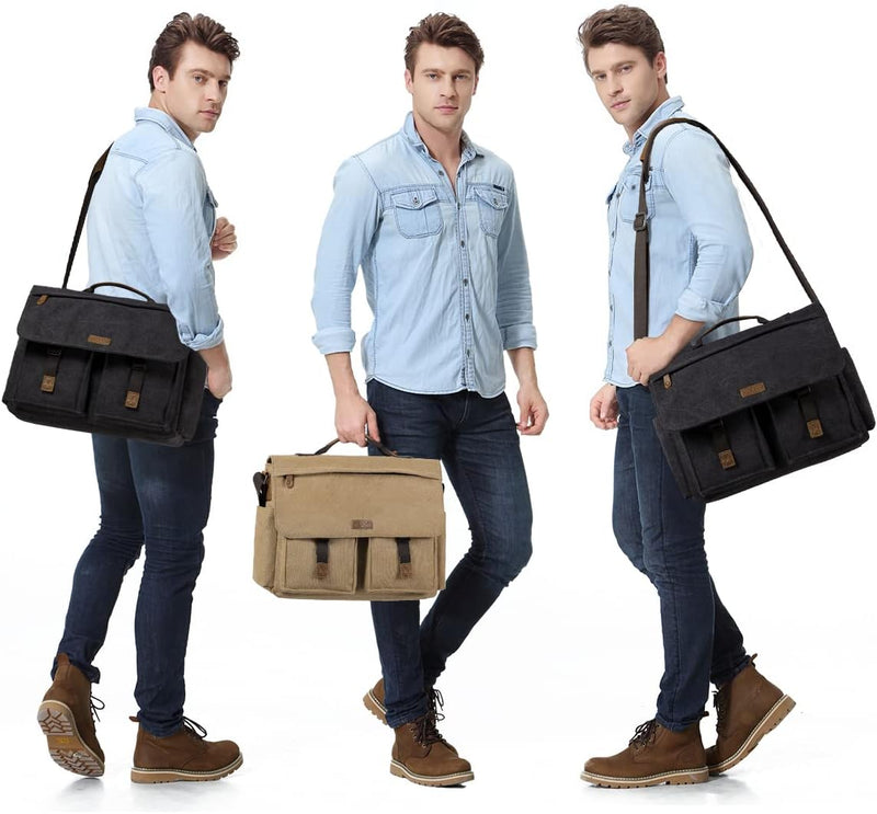 15.6 inch Laptop Shoulder Bag Vintage Waterproof Oilcloth Shoulder Bag with Padded Shoulder Strap - Grey