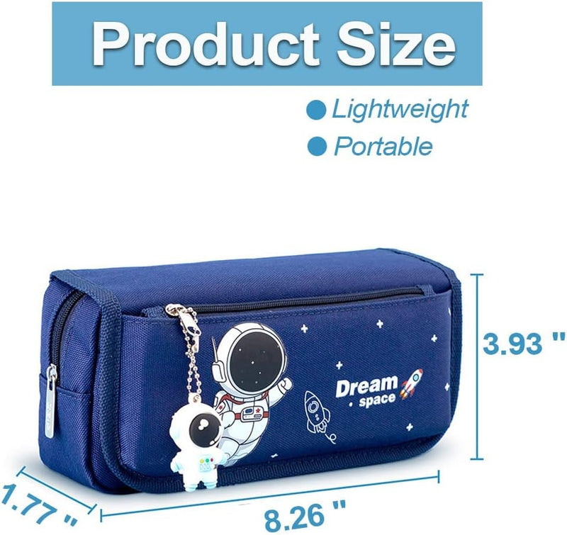 Pencil Case for Boys, Cartoon Pencil Pouch 4 Layers Large-Capacity Pen Case for Student Blue Pencil box with Astronaut Pendant
