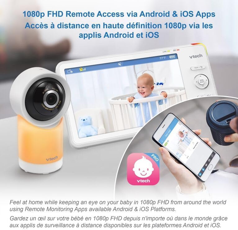 VTech 1080p Smart WiFi Remote Access 360 Degree Pan & Tilt Video Baby Monitor with 5” HighDefinition 720p Display, Night Light, RM5766HD