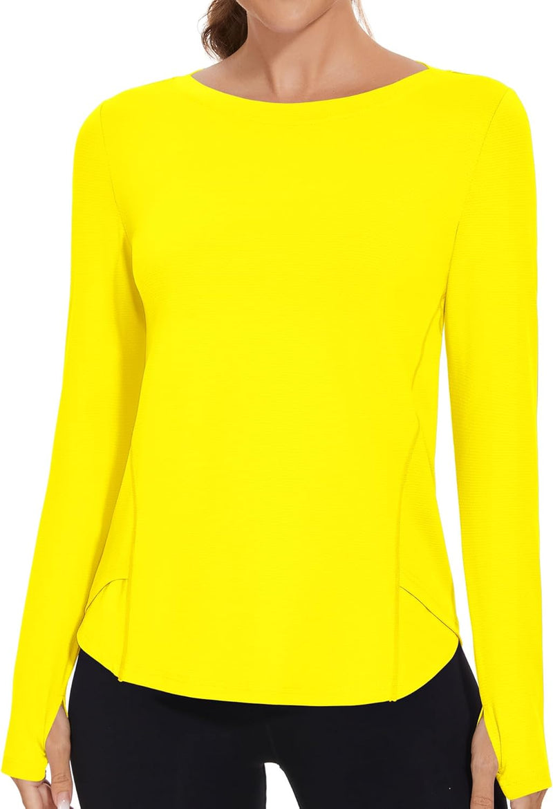 Rapbin Women's UPF 50+ Sun Protection T-Shirts Long Sleeve Boat Neck Workout Lightweight Quick Dry Top with Thumb Hole