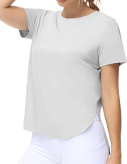 Women's Workout T-Shirts Loose Fit Short Sleeve Cotton Running Basic Tee Tops with Split Hem - Bright Grey