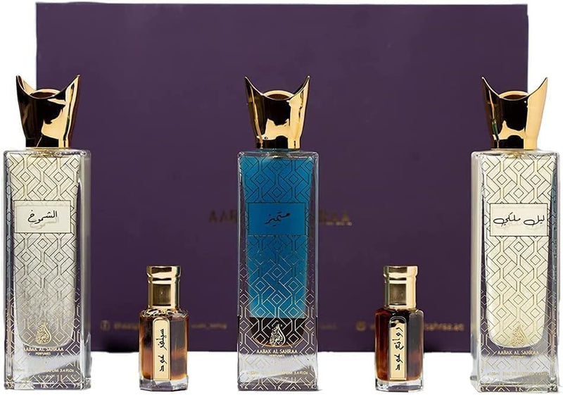 aabak al sahraa ??? ??????? Non- coholic Perfumes and Tola Set of 5 - Leil Malaki, Mutamayez, Shoumoukh, Silver Oud Tola and Rawae' Oud Tola - Luxury Fragrances for both Men and Women