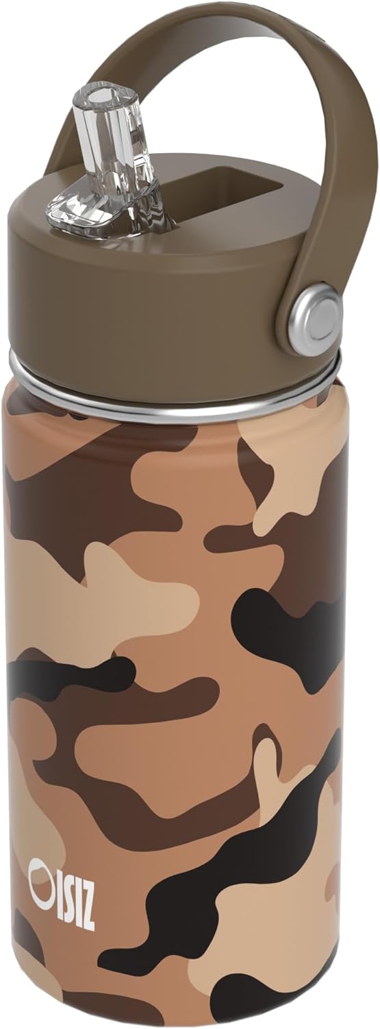 14oz Kids Water Bottle with Straw Lid, Vacuum Insulated 316 Stainless Steel Bottles for Kids for School, Leakproof, Easy to Clean - Army camouflage