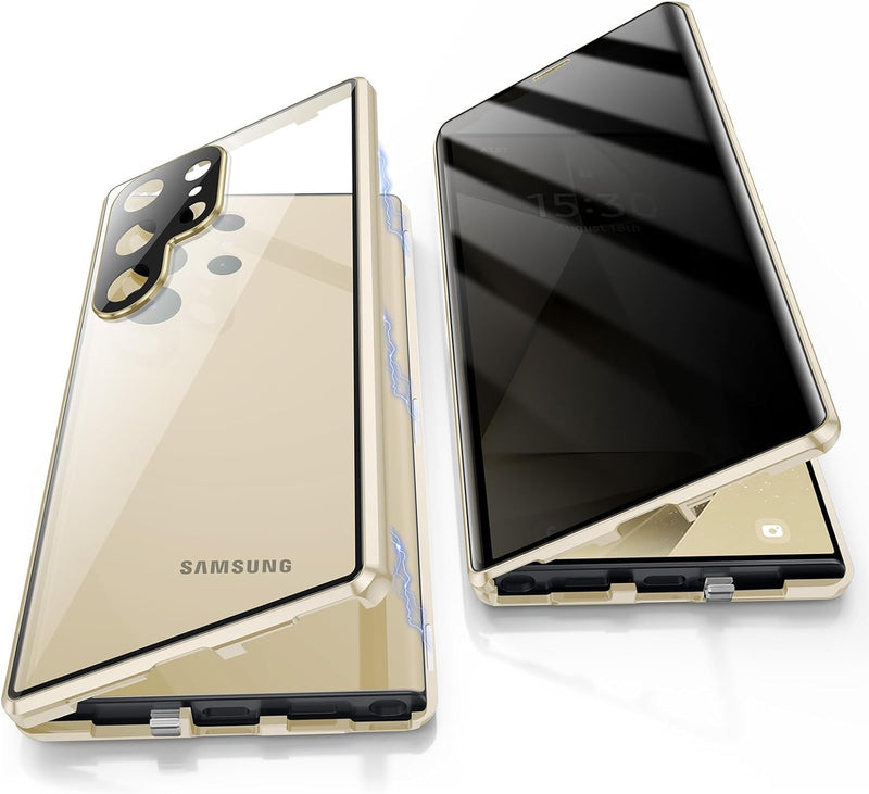 Xihemyfa Anti Peeping Cover for Samsung Galaxy S24 Ultra, Metal Frame Case Magnetic Adsorption Shockproof and Anti-Scratch 360?, Anti-Peeping Tempered Glass Privacy Protective Case, Gold