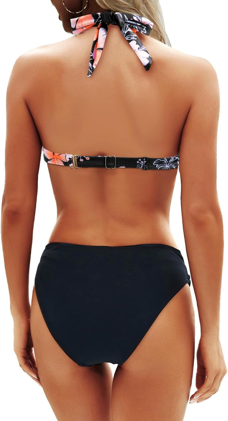 Yonique Women Two Piece Bathing Suits Push Up Bikini Set Halter Swimsuit Vintage Swimwear