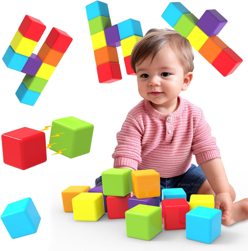 Pairez Toys Magnetic Building Blocks, 1.65 inch Large Magnetic Stacking Cubes for Toddlers, Sensory & Montessori Toys for Boys & Girls 1 2 3 Years Old (12 PCS)