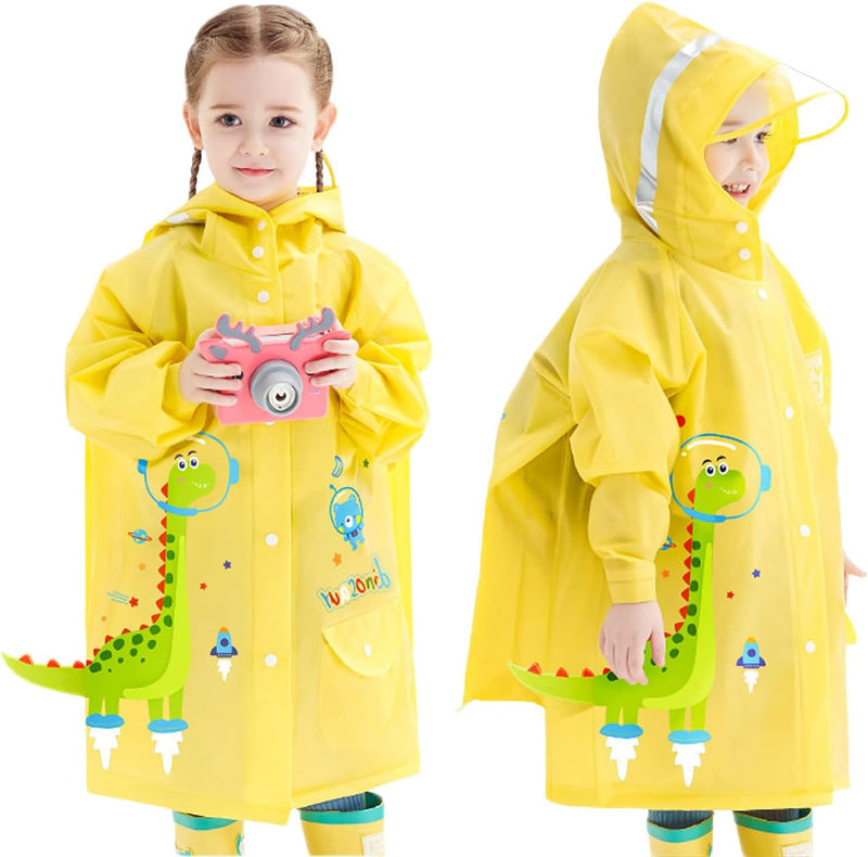 Kids Raincoat, Waterproof Rain Jacket For Girls And Boys, Cartoon Dinosaur All Rainwear, Lightweight Allren Poncho With Hood, Yellow, Size L For 5-6 Years