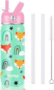 BPA-Free Stainless Steel Thermos Water Bottle for Kids 430ml Insulated Leak-Proof Flip Lid Math Puzzle Rings Fun School Bottle for Boys & Girls Cute Design with Strap Learning Gift Green - Pink