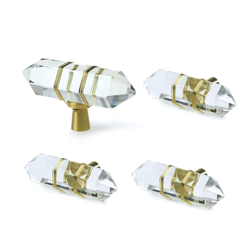JEREVER 4 Pack Hexagonal Crystal Knobs Wire Wrapped Glass Brass Drawer Pull Cabinet Handle Gold Furniture Hardware for Dresser Kitchen (Clear)