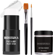 BOBISUKA Black White Face Paint Stick with Setting Powder Set, Eye Black Sticks for Sports, Body Paints for Clown Skeleton Vampire Skull Cosplay Special Effects Costume SFX Halloween Makeup Kit - White with Setting Powder & Brushes
