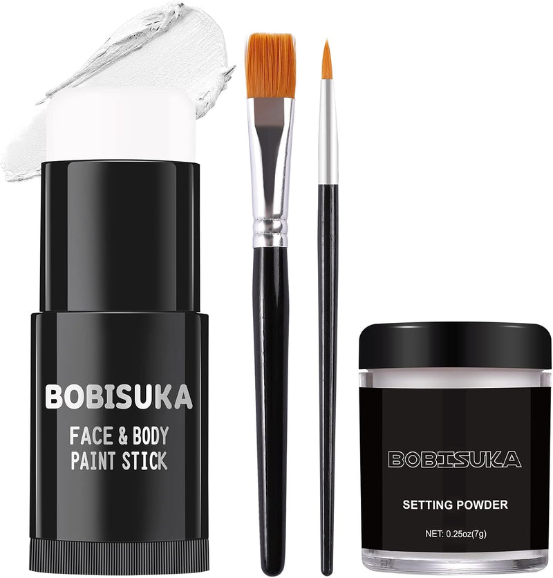 BOBISUKA Black White Face Paint Stick with Setting Powder Set, Eye Black Sticks for Sports, Body Paints for Clown Skeleton Vampire Skull Cosplay Special Effects Costume SFX Halloween Makeup Kit - White with Setting Powder & Brushes