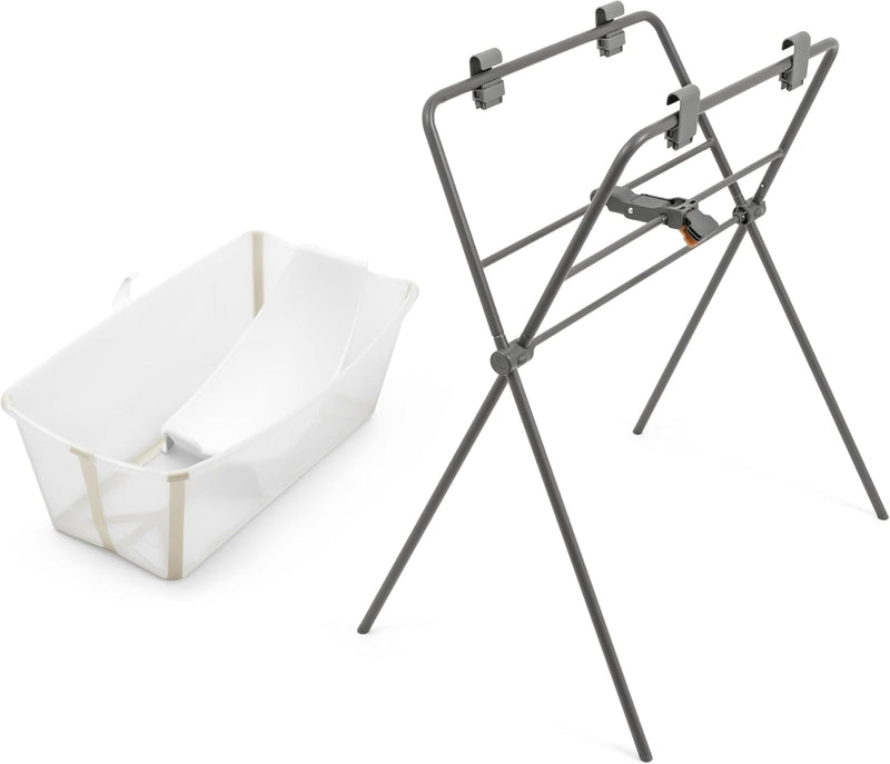 Stokke Flexi Bath + Newborn Support + Flexi Bath Stand - Baby Bath Tub with Stand for Newborns & Babies Up to 48 Months - Foldable, Durable & Easy to Store - Sandy Beige - Sandy Beige