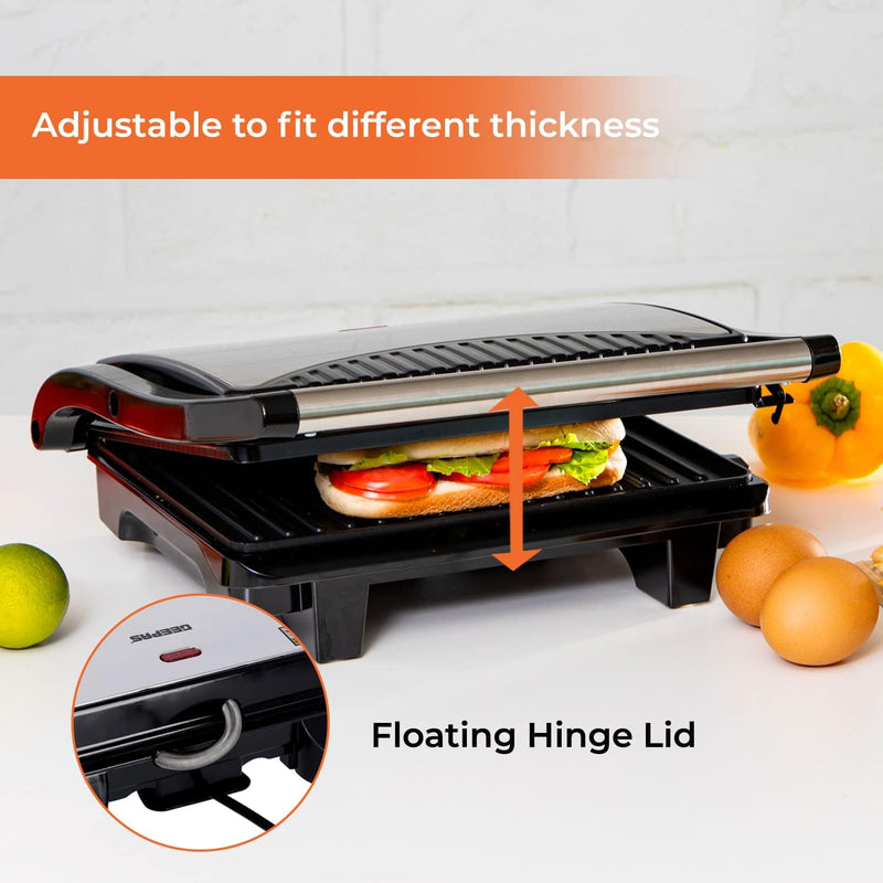 Stainless Steel Panini Grill Maker with Non-Stick Plates, Cord-Warp for Storage, Drip Tray, Indicator Lights for Power and Ready - 2 Year Warranty